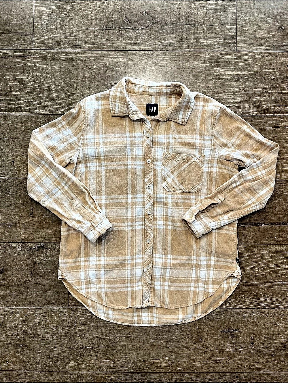 Gap Tan & White Plaid Button Down Flannel Shirt